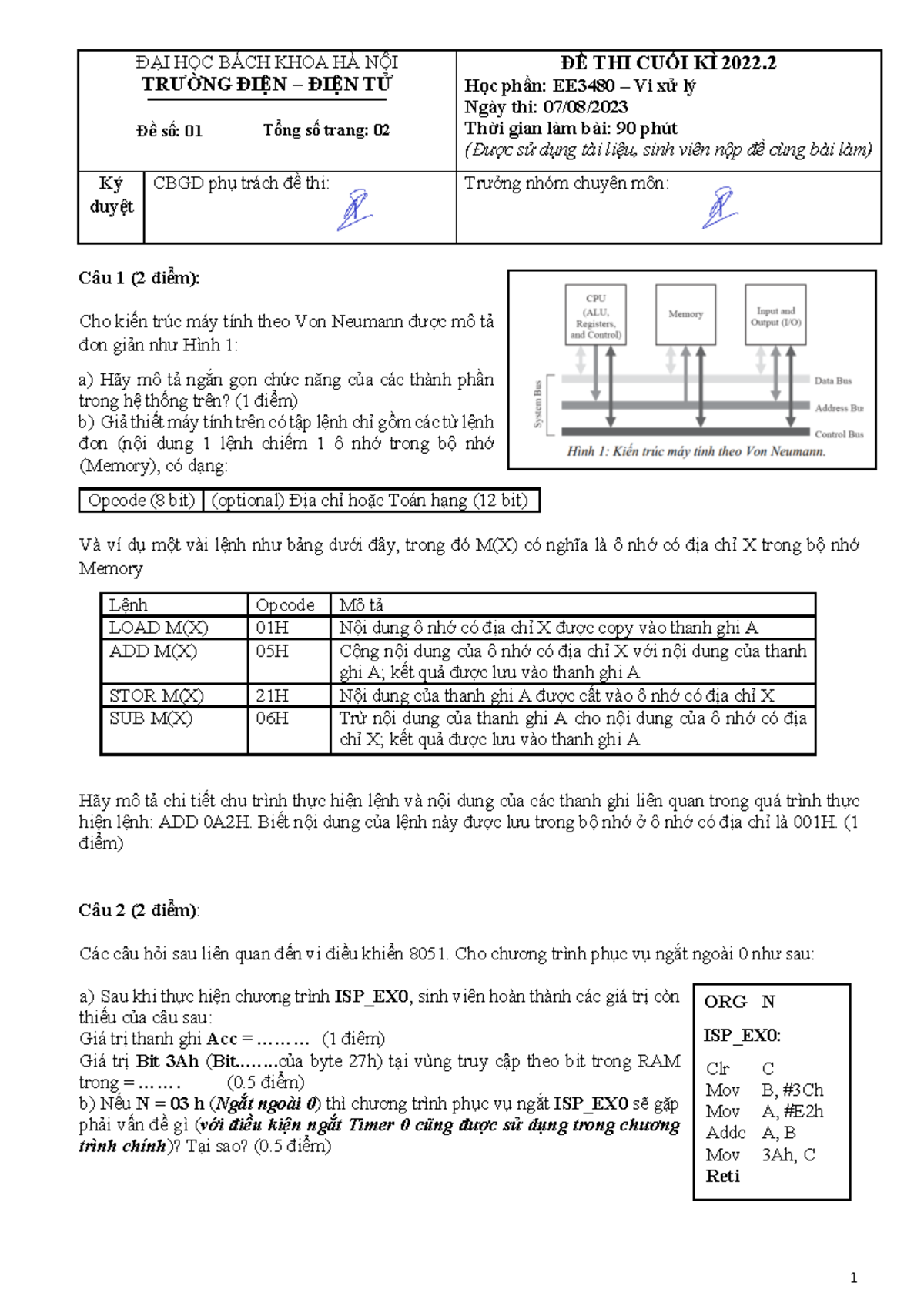 Đề thi cuối kỳ EE3480 - Vi xử lý 2022.2 - Document Preview