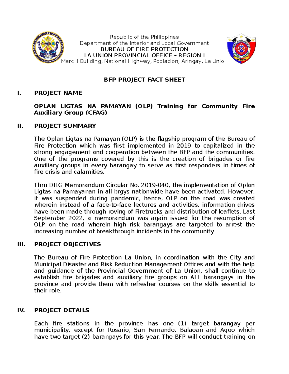 OLP-PLAN - Oplan Ligtas Na Pamayanan Training Project Overview - Studocu