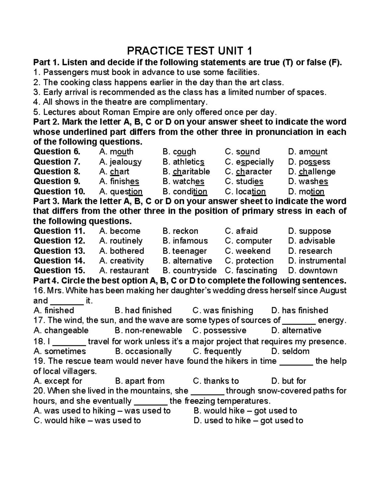 Practice Test Unit 1 - English Listening & Comprehension Skills - Studocu