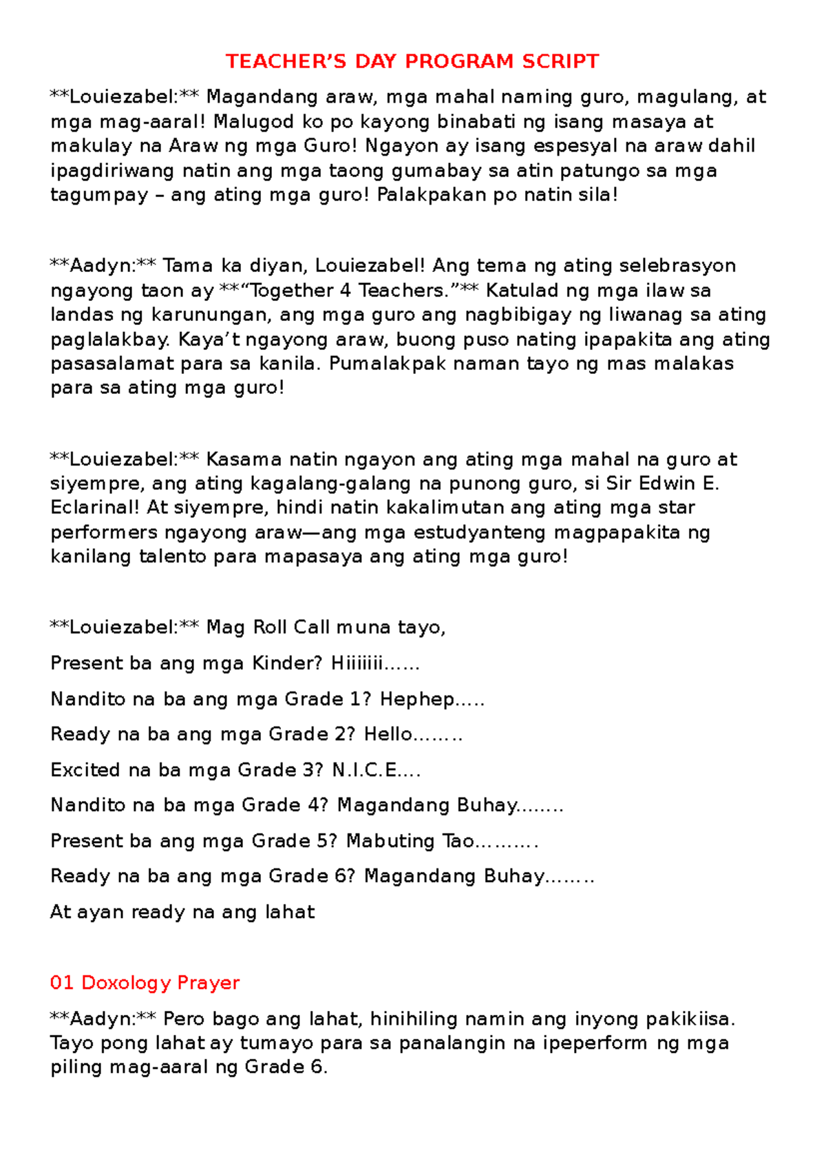 Emcee Script para sa Teacher’s Day Program (Final) - Tagalog - Studocu
