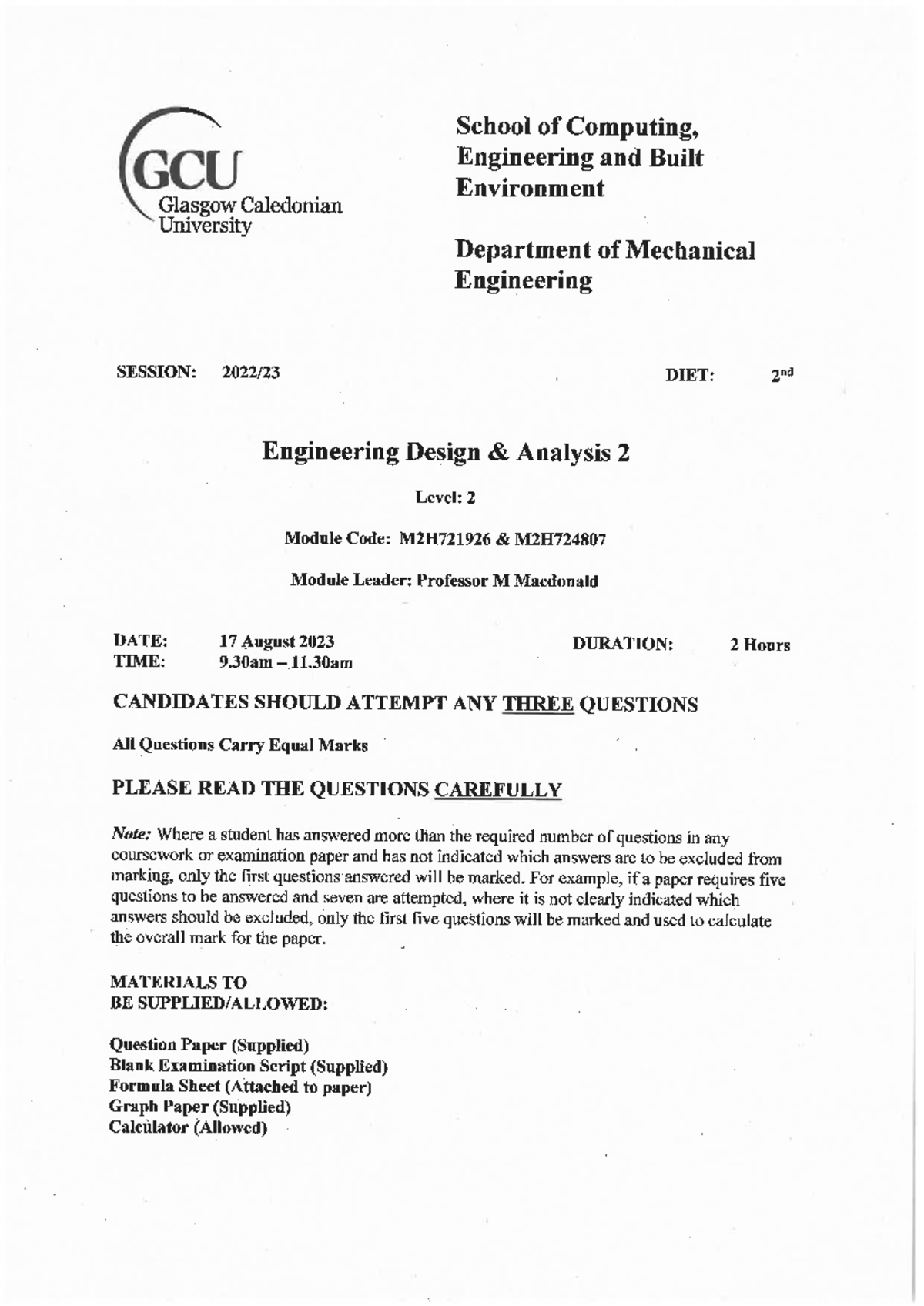 August 2023 Engineering Design Analysis 2 Exam Paper with Solutions ...
