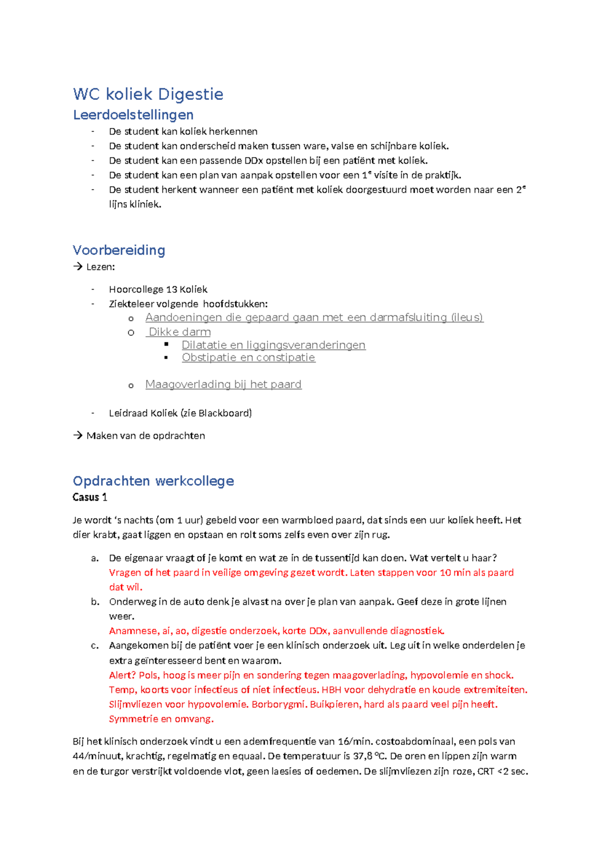 WC12 Koliek - Leerdoelstellingen en Casusuitwerkingen - Studeersnel