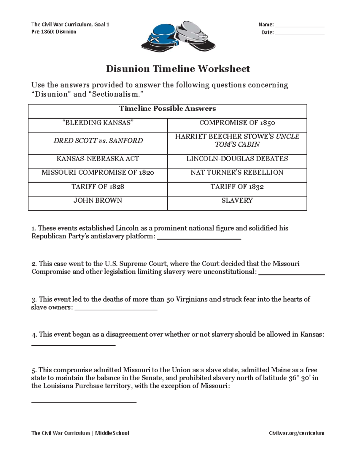 Disunion Timeline Worksheet for Civil War Curriculum (Goal 1) - Studocu
