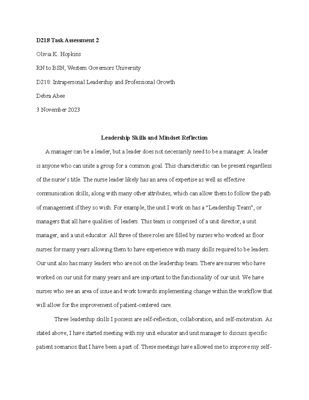 D218: Leadership Skills & Mindset Reflection - Task Assessment 2 - Studocu