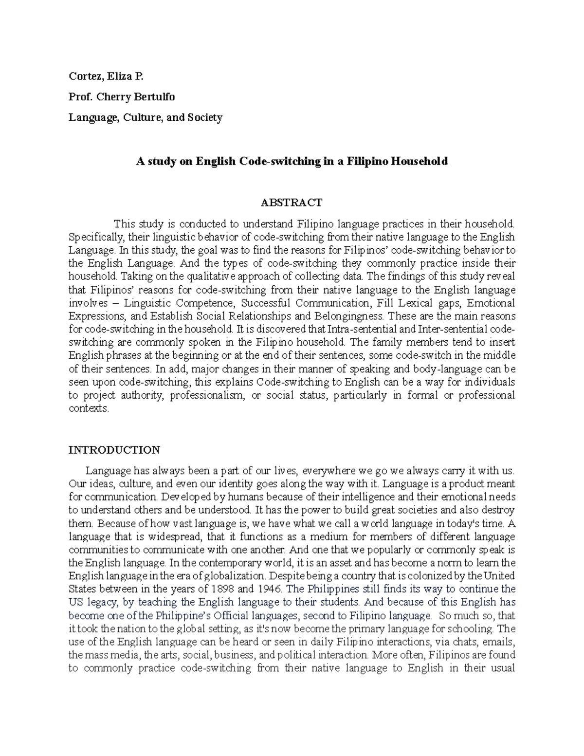 English Code-Switching Practices in Filipino Households: A Study - Studocu