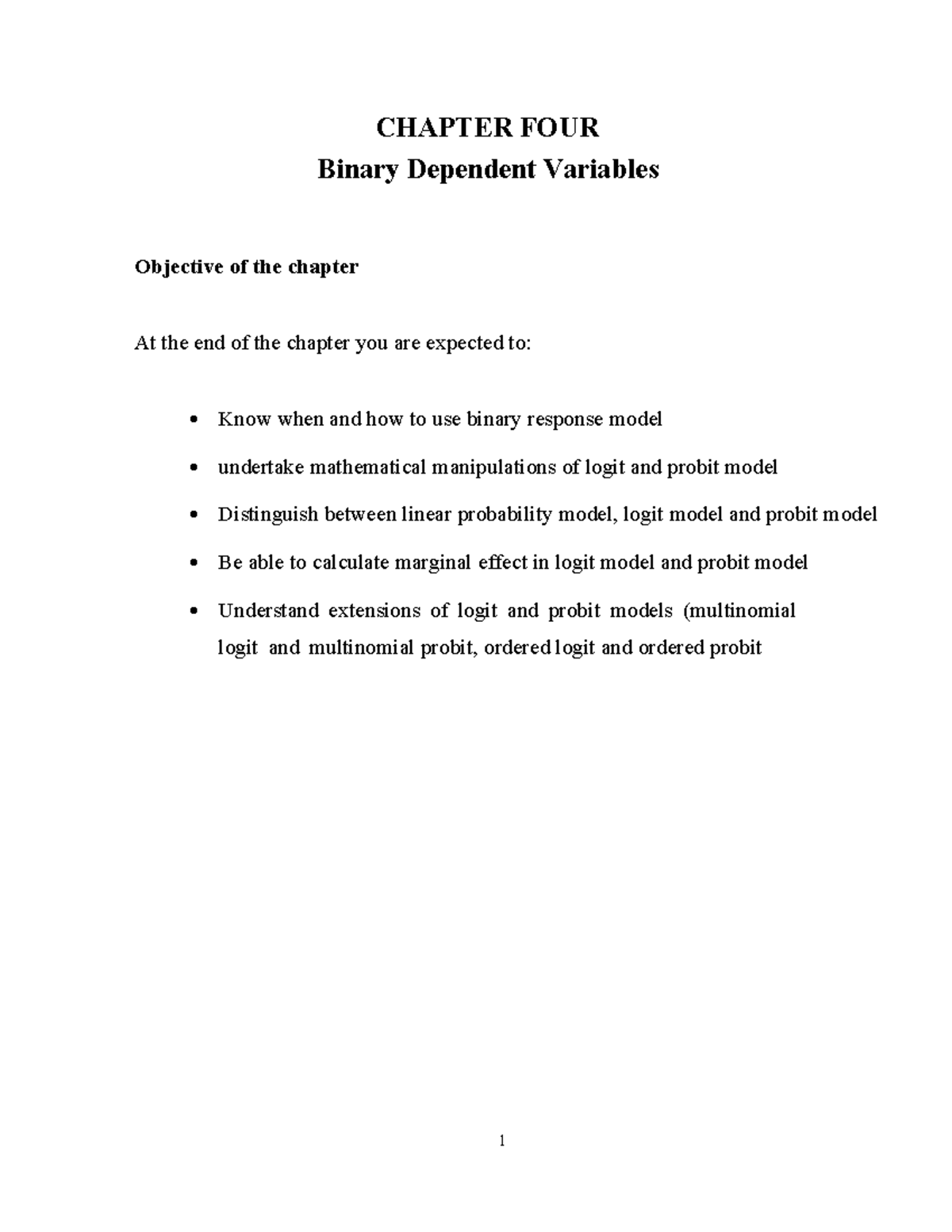 Econometrics Chapter 04: Binary Dependent Variable Models - Studocu
