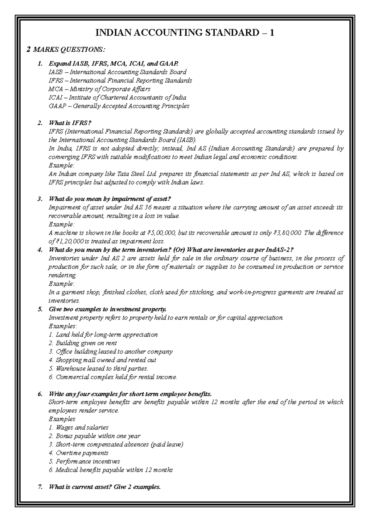 INDIAN ACCOUNTING STANDARD (IAS) 1: 2 MARKS QUESTIONS & ANSWERS - Studocu