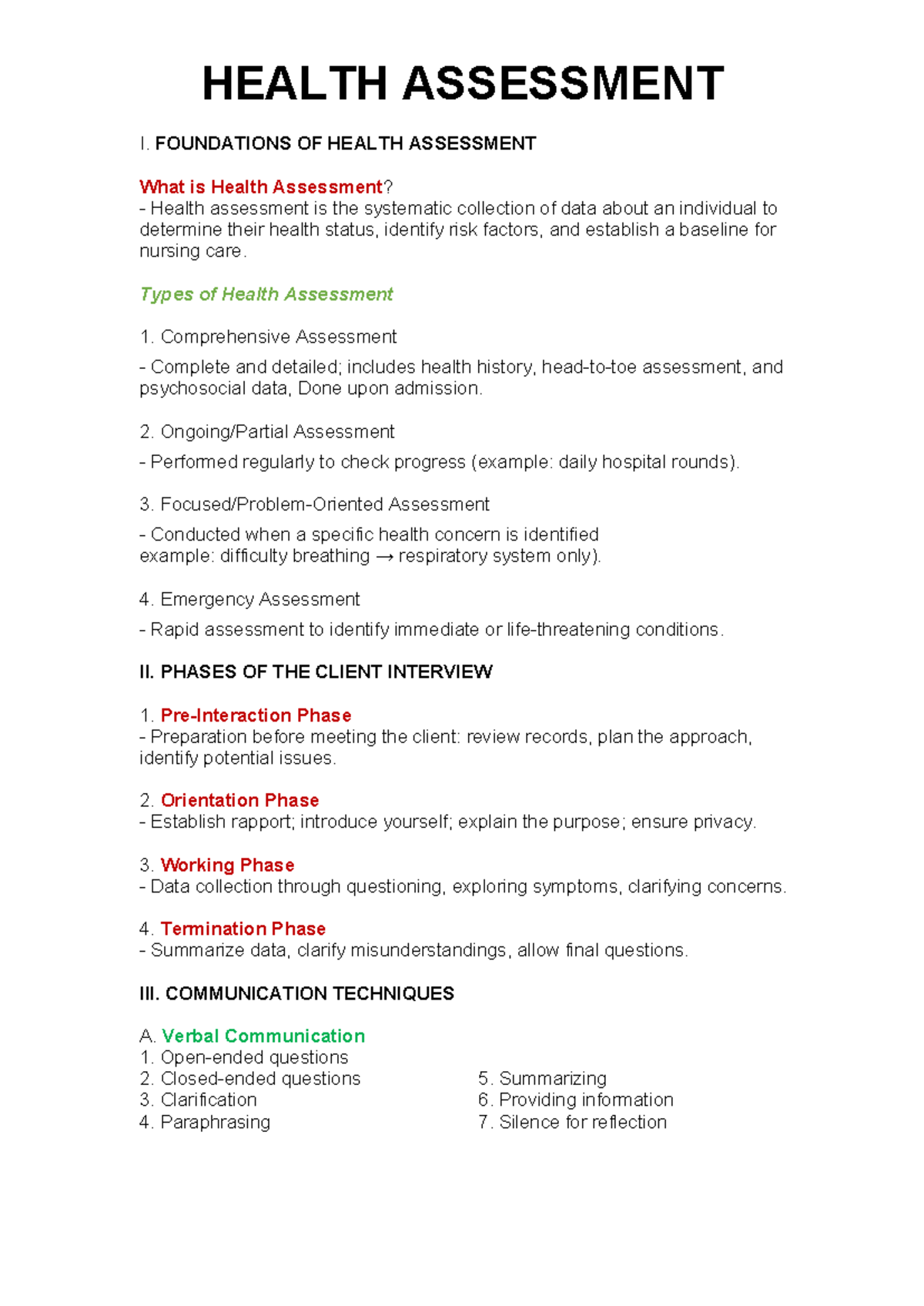 HEALTH ASSESSMENT I: FOUNDATIONS AND TECHNIQUES OVERVIEW - Studocu