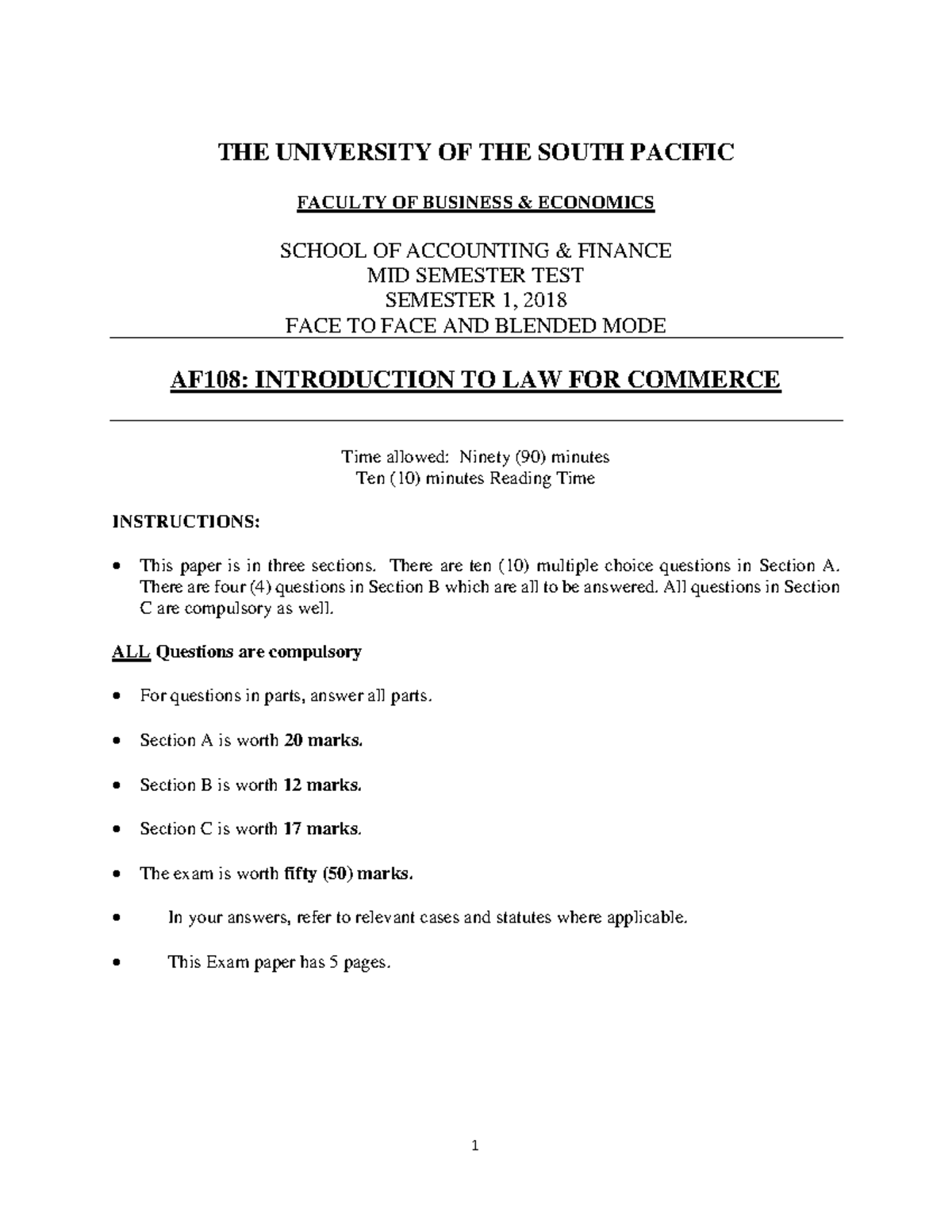 MST-AF 108 Mid Semester Test Sample Paper - Sem 1, 2018 - Studocu