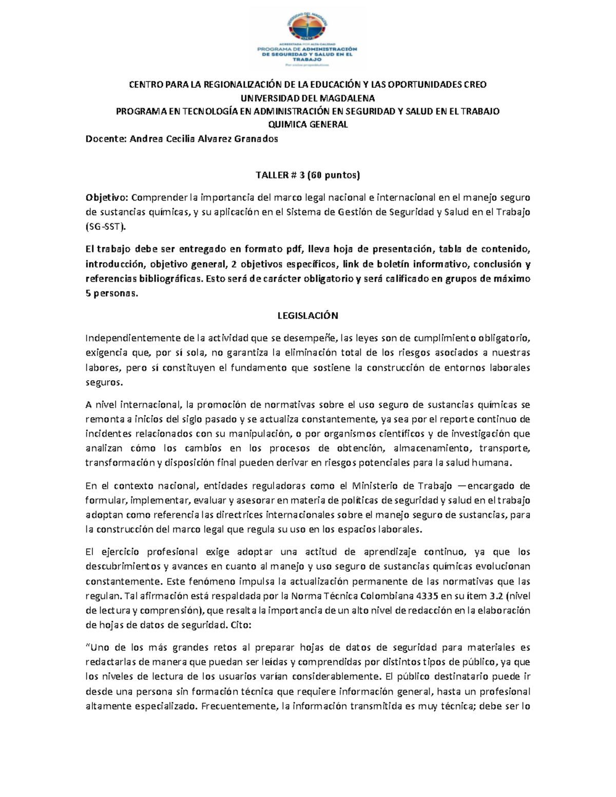 Taller 3: Importancia del Marco Legal en Seguridad Química - TECNOLOGÍA ...