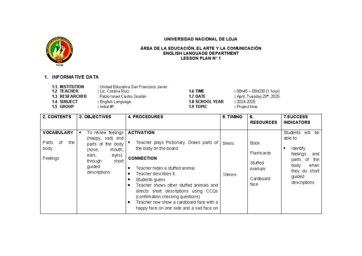 PLAN 1 INICIAL: LESSON PLAN FOR ENGLISH LANGUAGE CLASS - Studocu