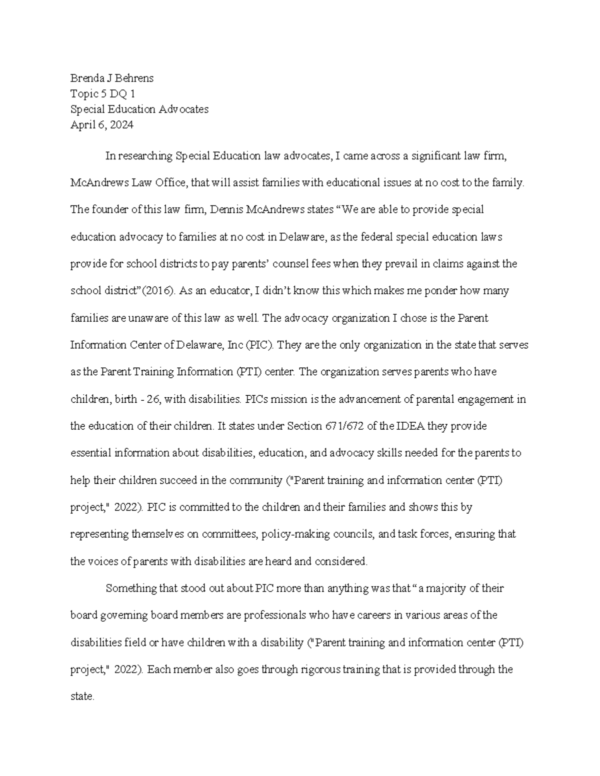 SPD-510 Topic 5 DQ 1 - Response on Special Education Advocacy Insights ...