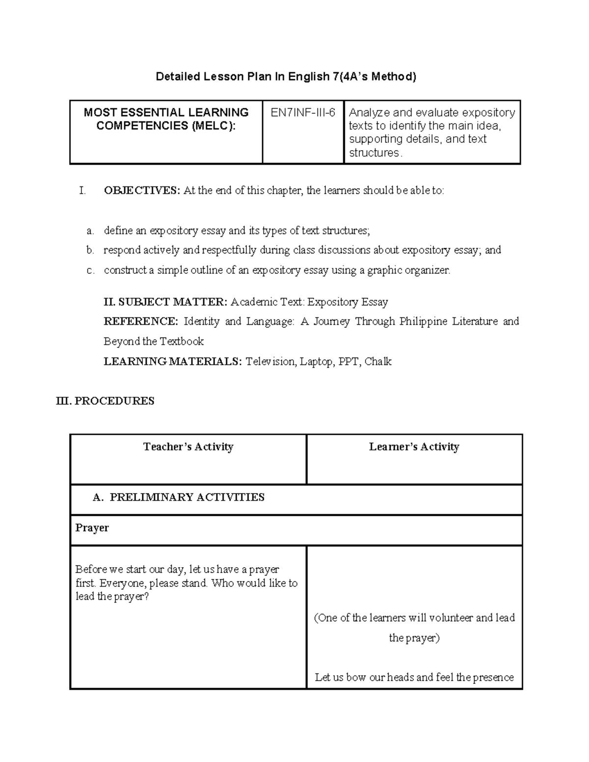 Detailed Lesson Plan on Expository Essays (MELC) - Studocu