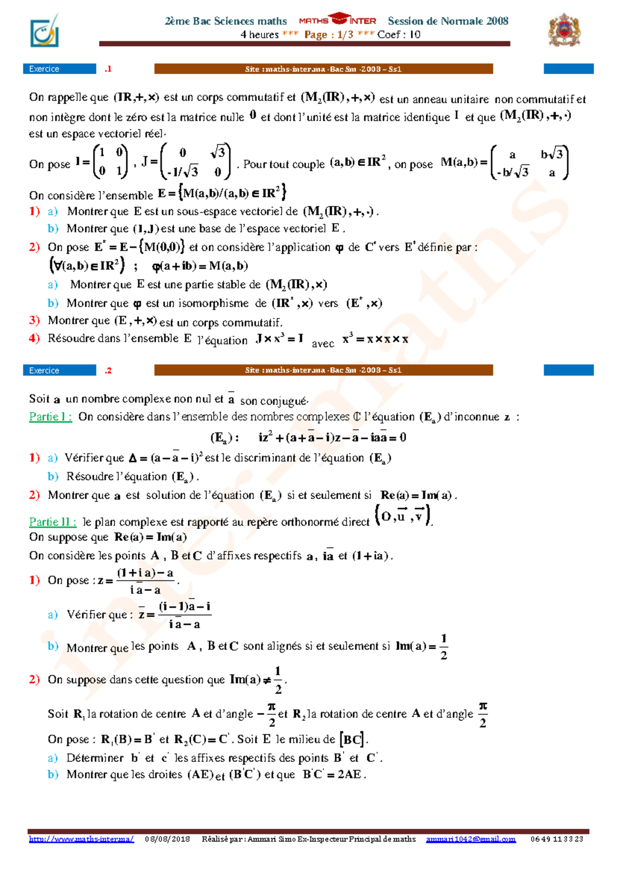 2ème Bac Sciences Maths Exercice Normale 2008 - Solutions Completes ...