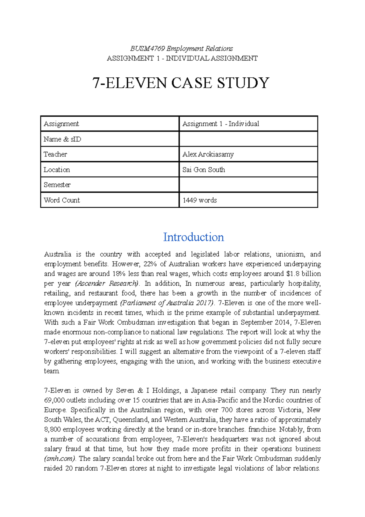 Assignment task 3 - Individual - 7-eleven case - BUSM4769 Employment ...