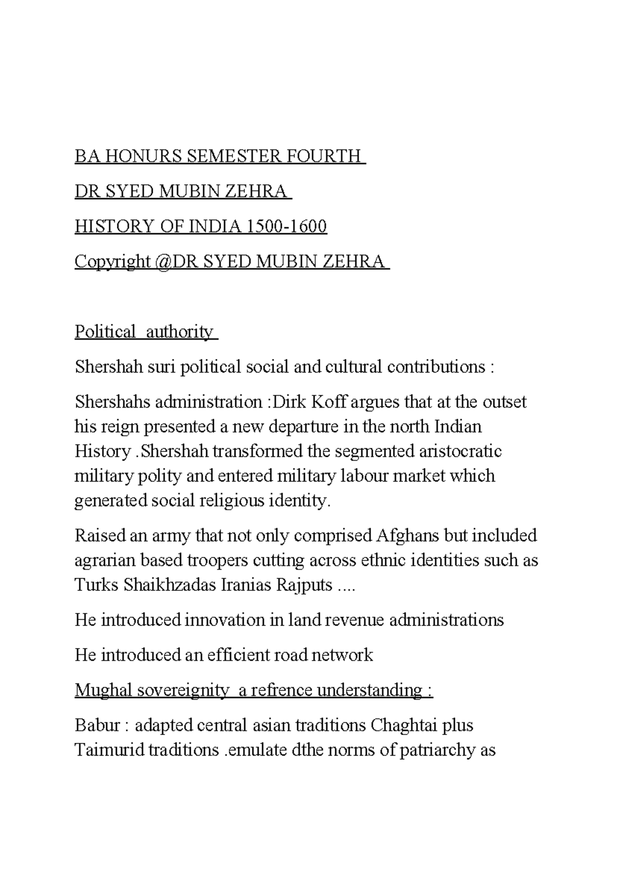 BA HONS SEM 4: History of India - Shershah & Mughal Sovereignty - Studocu
