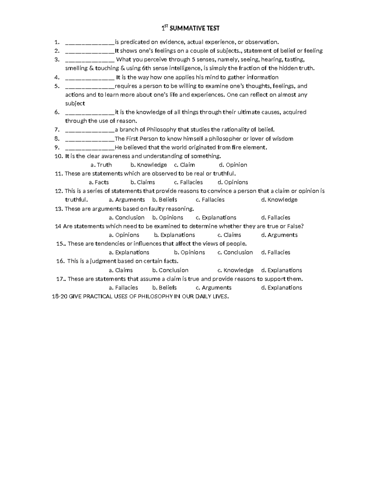 1ST SUMMATIVE TEST MIDTERM: PHILOSOPHY IN DAILY LIFE - Studocu