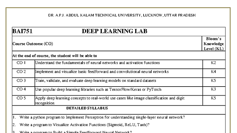 BAI751 Deep Learning Lab Syllabus and Course Outcomes - Studocu