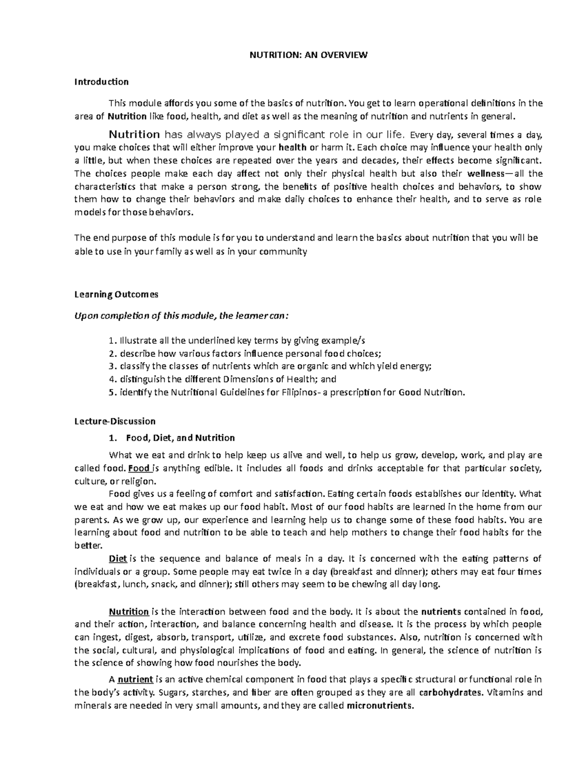 Nutrition- An Overview - Care of Clients with Problems in Nutrition ...