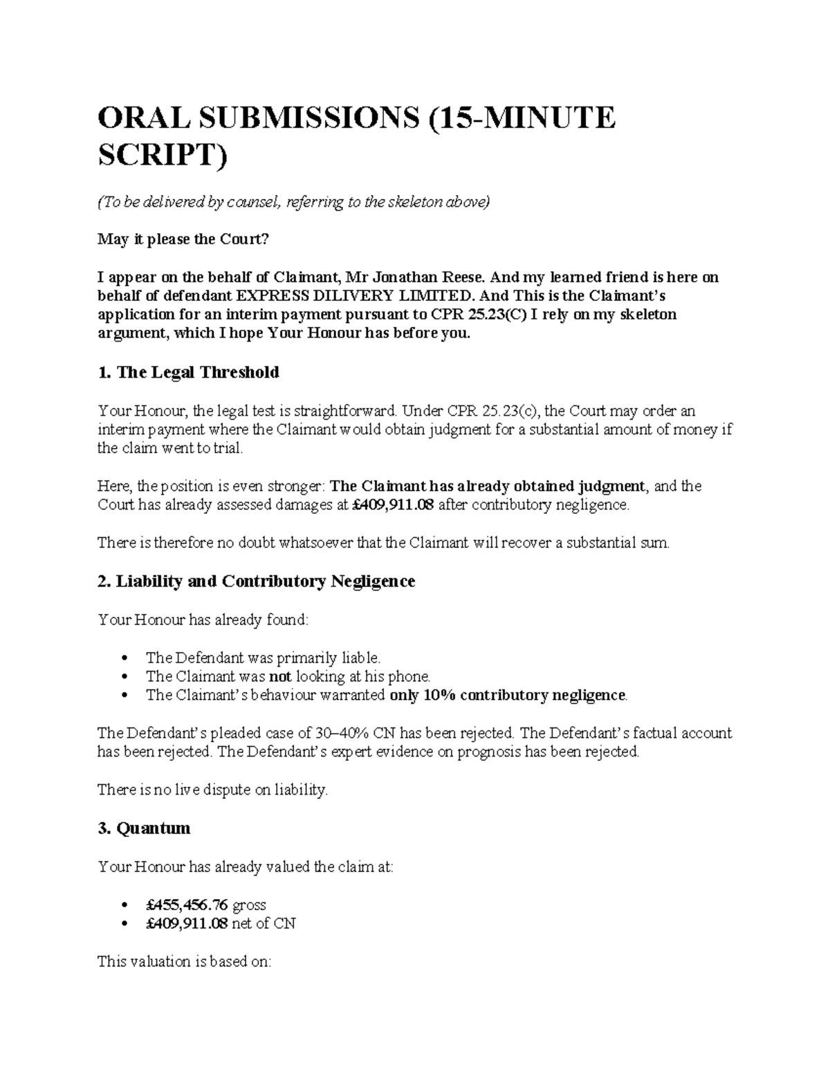 Oral Submissions for Interim Payment - Advocacy WS7 - Studocu