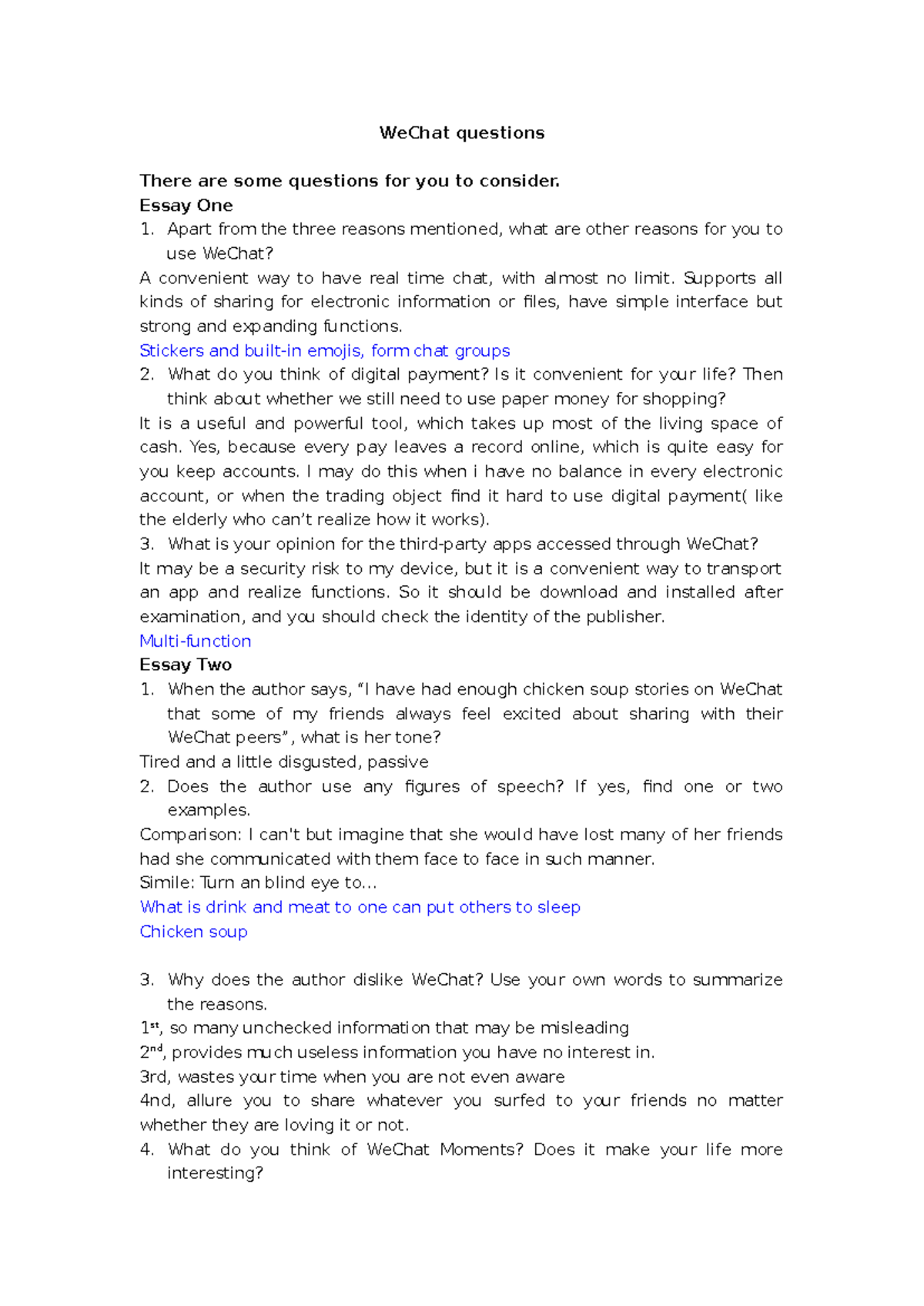 WeChat Questions - Essay Practice for Class Discussion - Studocu
