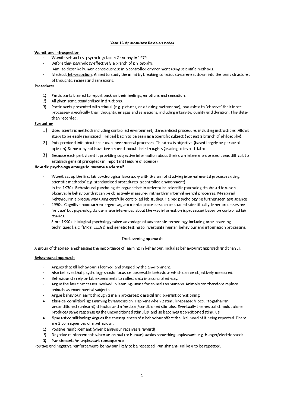 Year 13 Psychology Approaches: Revision Notes on Key Theories and ...