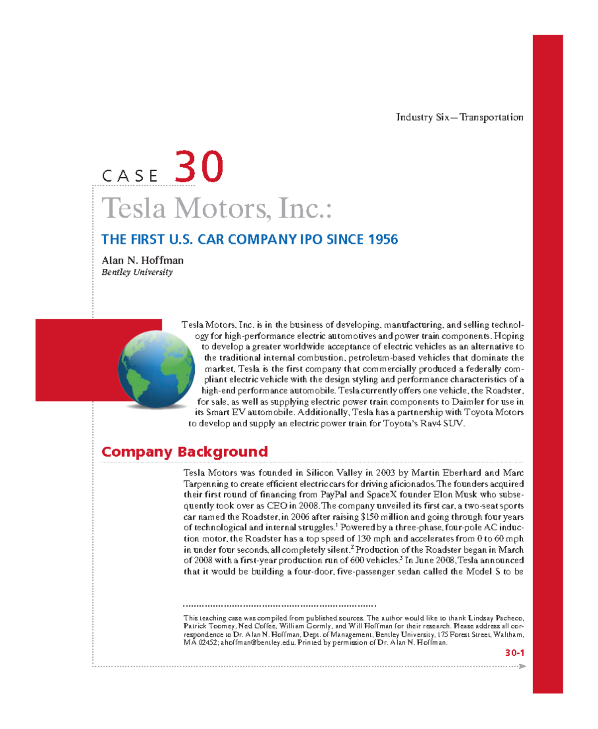 Tesla case analysis - ####### 30- Tesla Motors, Inc.: THE FIRST U. CAR ...