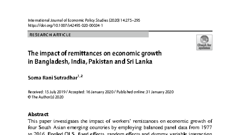 The impact of Â remittances on Â economic growth - Vol.:(0123456789 ...