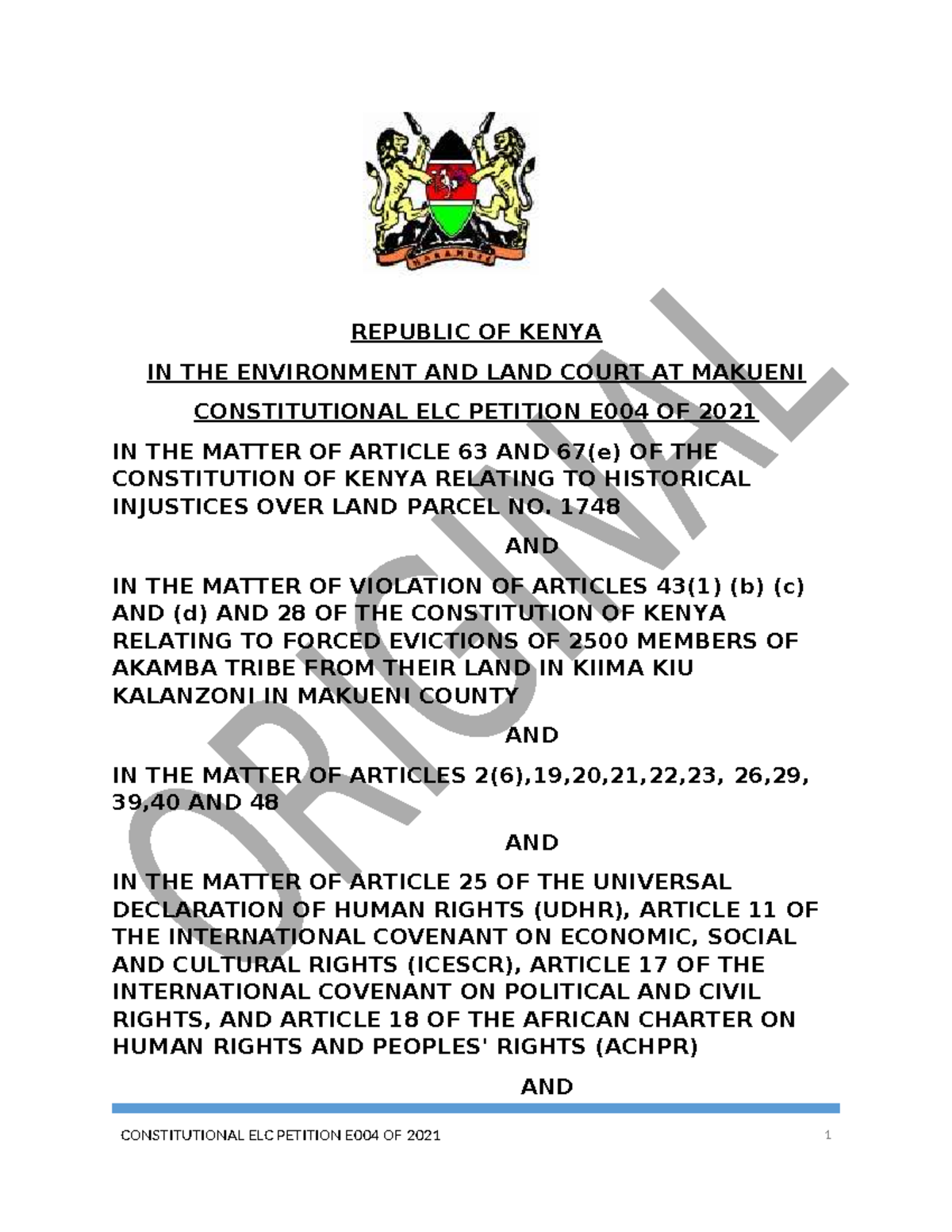 Constitutional ELC Petition E004 of 2021: Historical Land Injustice ...