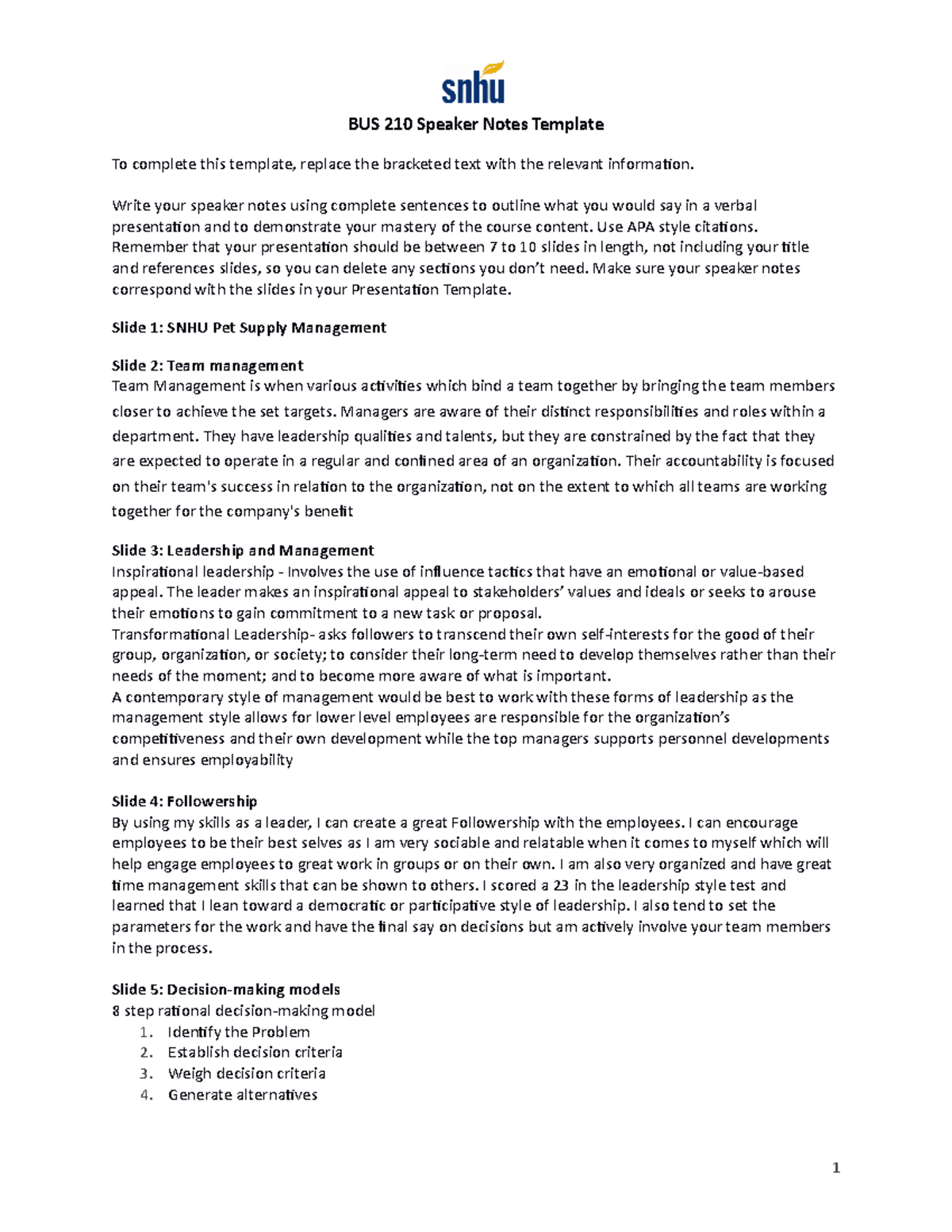 BUS 210 Speaker Notes for SNHU Pet Supply Management Presentation - Studocu