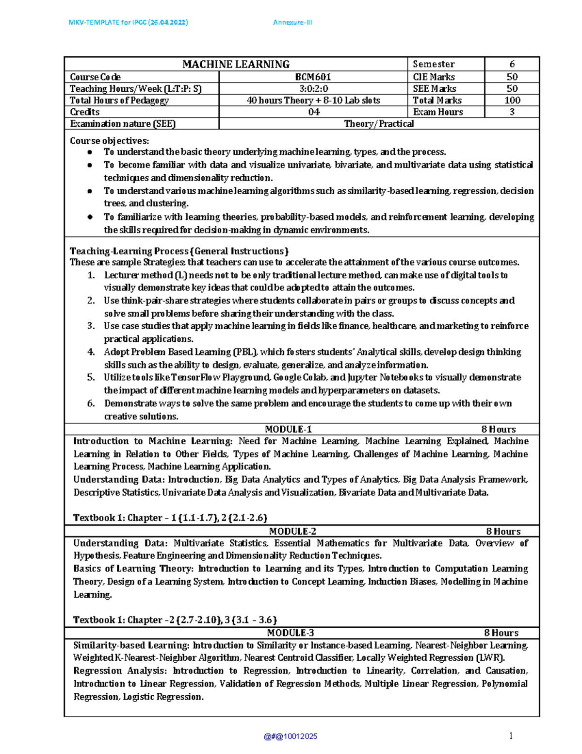 MACHINE LEARNING Course Code BCM601 - Syllabus and Notes - Studocu