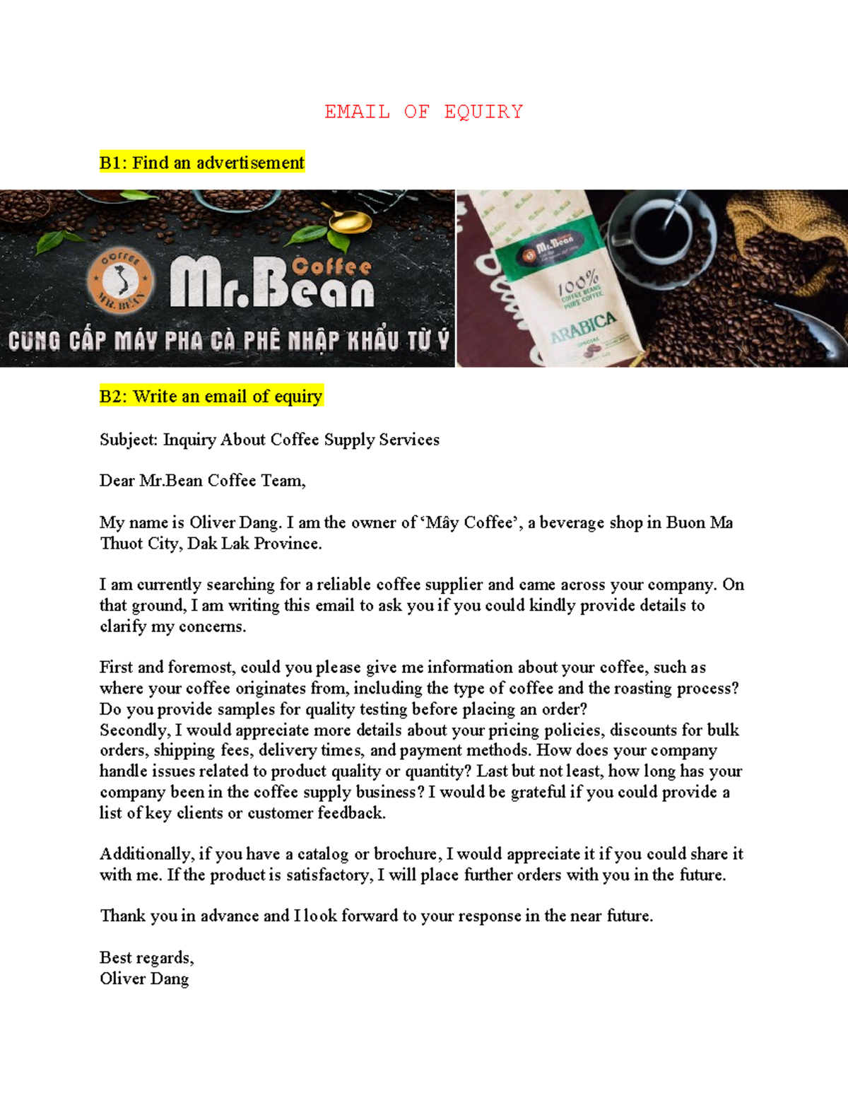 C4 Hải Đăng 07 Wr3 - Email Inquiry for Coffee Supply Services - Studocu