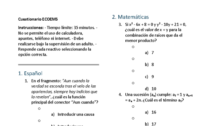 Examen Prueba ECOEMS - Guía de Estudio y Cuestionario - Studocu