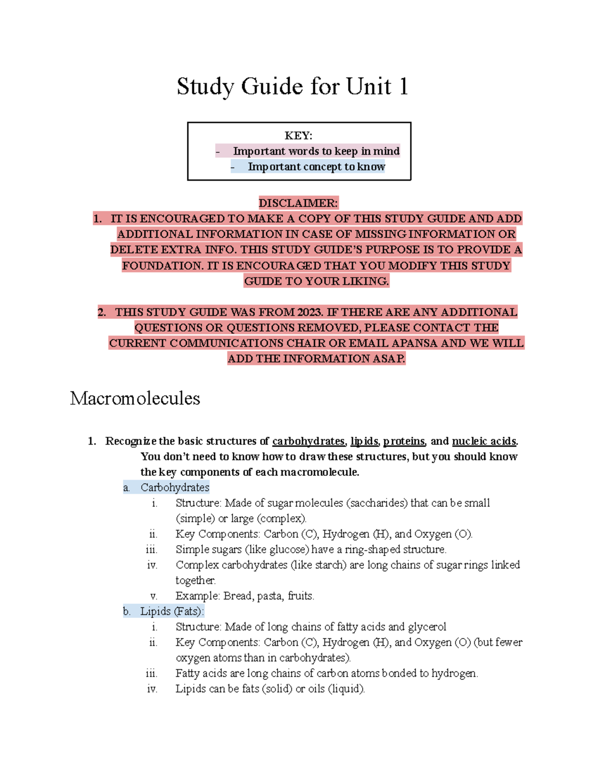 Study Guide for Unit 1: Macromolecules Overview - Studocu