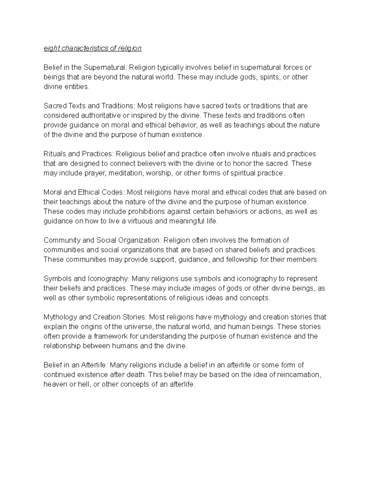 Eight Key Characteristics of Religion: An Overview - Studocu