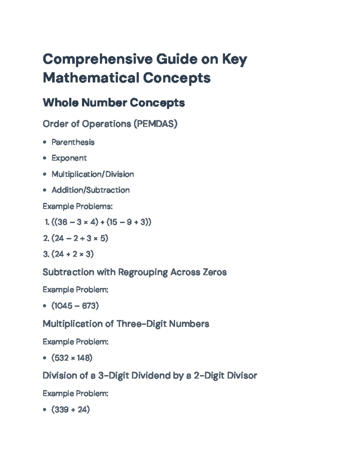 Mathematical Concepts Guide: Whole Numbers, Fractions & Decimals ...