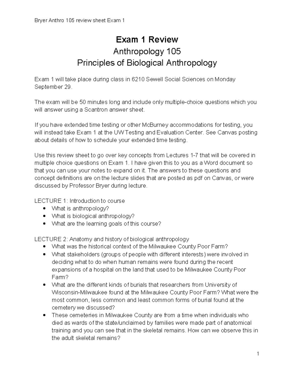 Anthro 105 Exam 1 Review Sheet: Key Concepts from Lectures 1-7 - Studocu