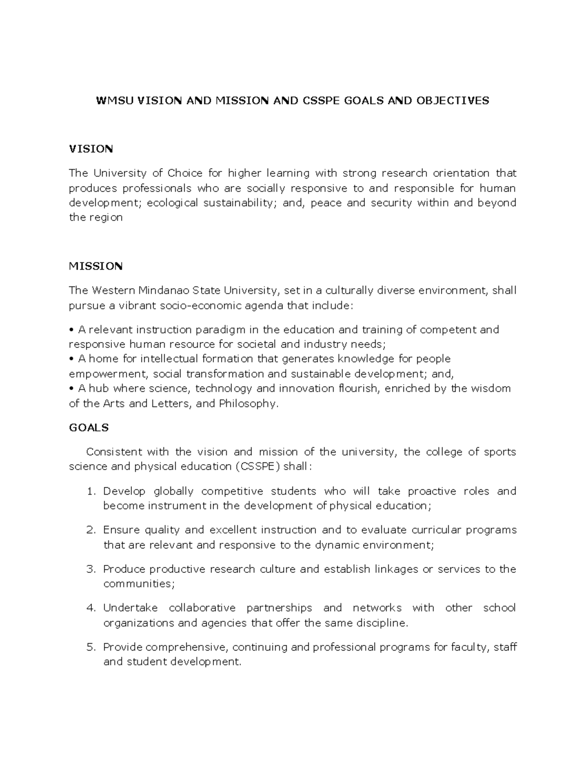 WMSU CSSPE Goals & Objectives: Vision, Mission, and Health Fitness ...