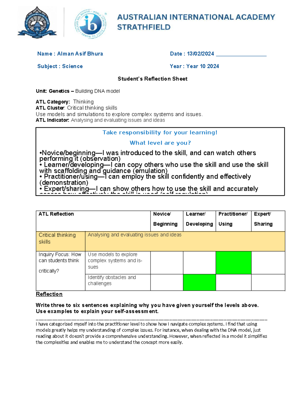 Year 10 Science ATL Reflection: Building DNA Model Skills - Studocu