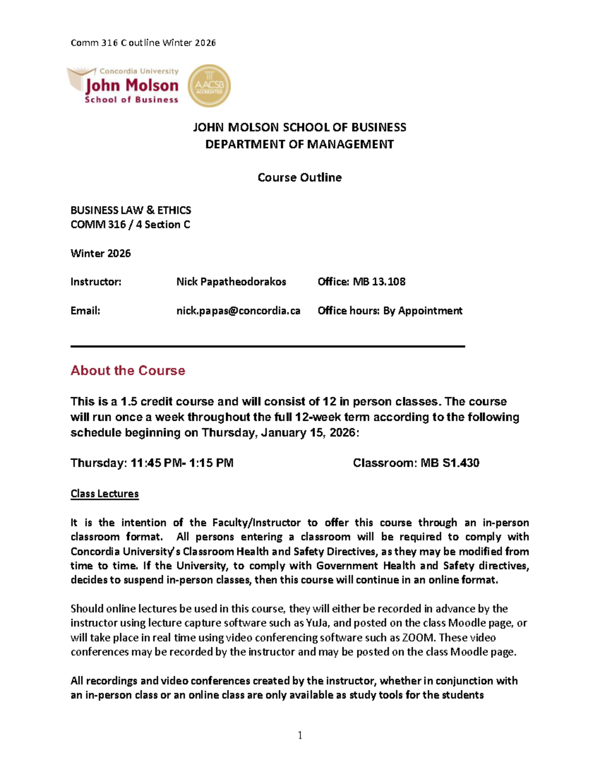 COMM 316 C Winter 2026 Course Outline: Business Law & Ethics - Studocu