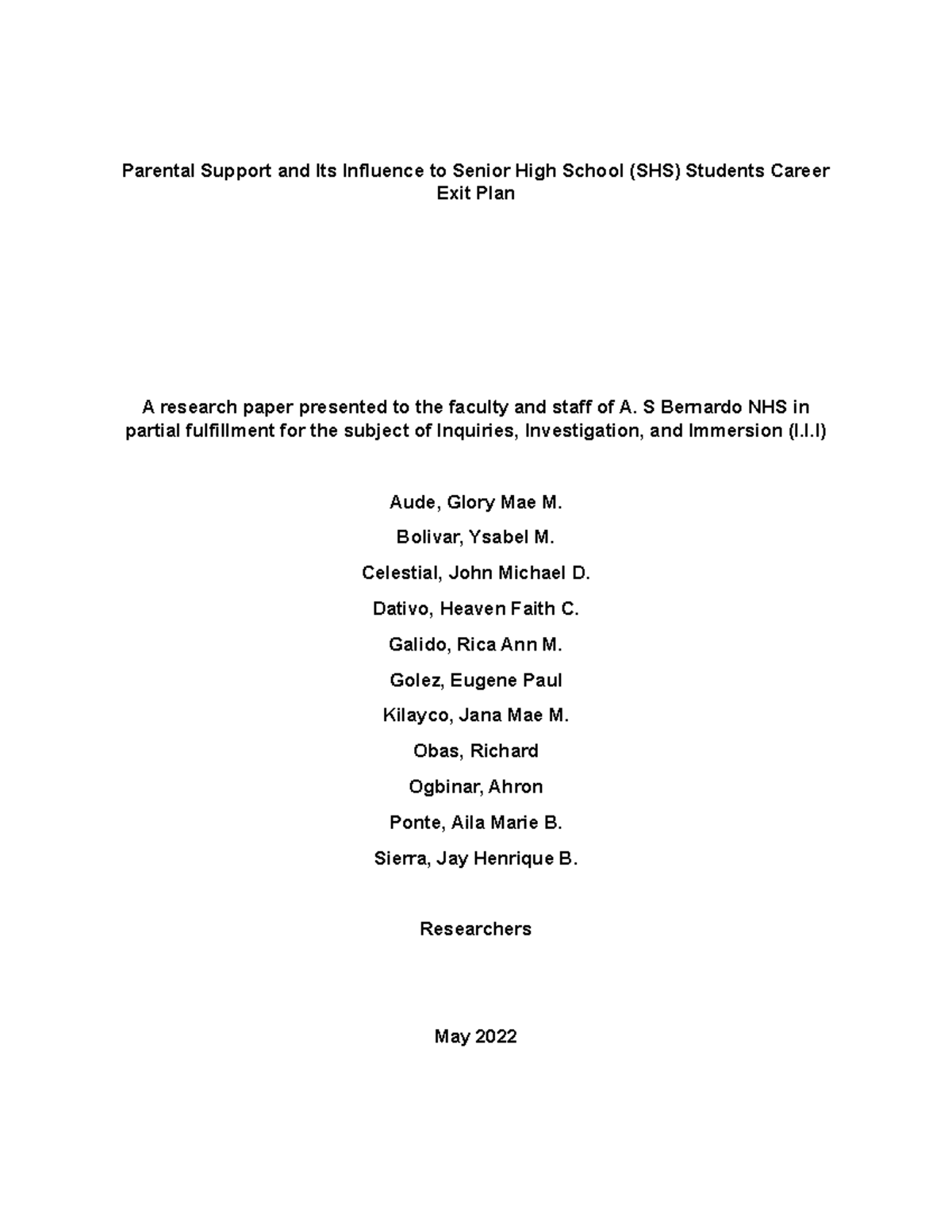 Parental Support and Its Influence to SHS Students Career Exit Pla2 ...