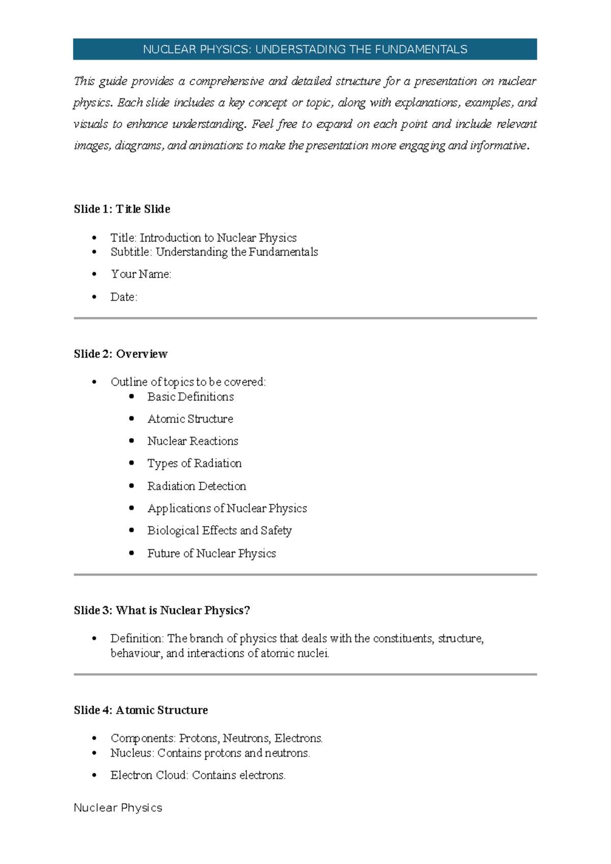 Guide for a presentation on nuclear physics - This guide provides a ...