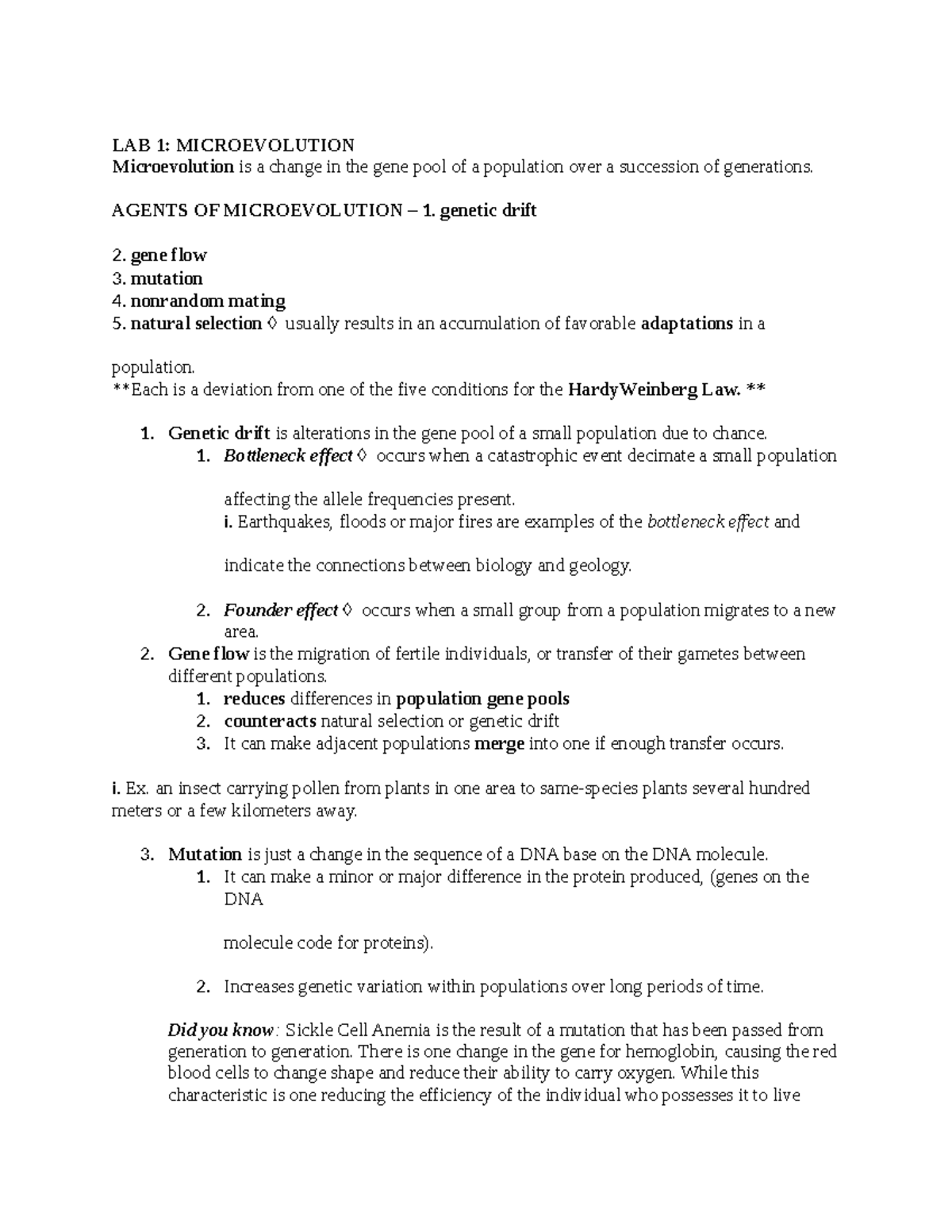 LAB 1 - Microevolution Study Notes and Analysis - Studocu