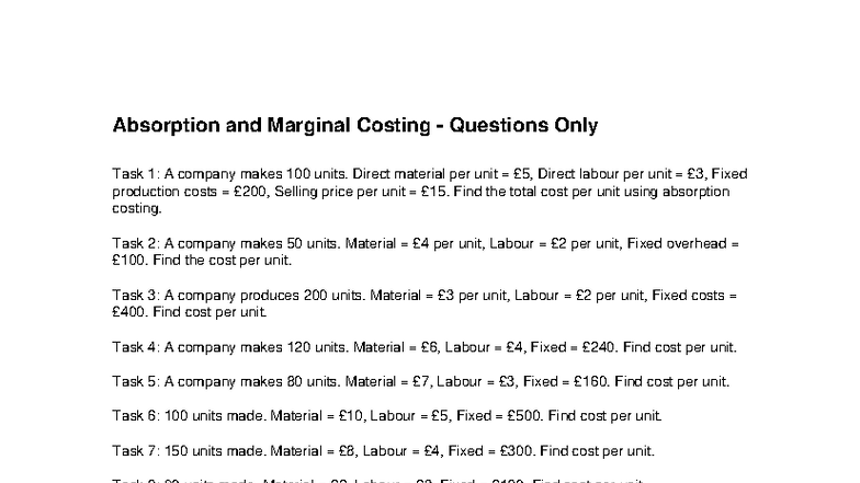 Absorption & Marginal Costing - Questions Only (AC 101) - Studocu