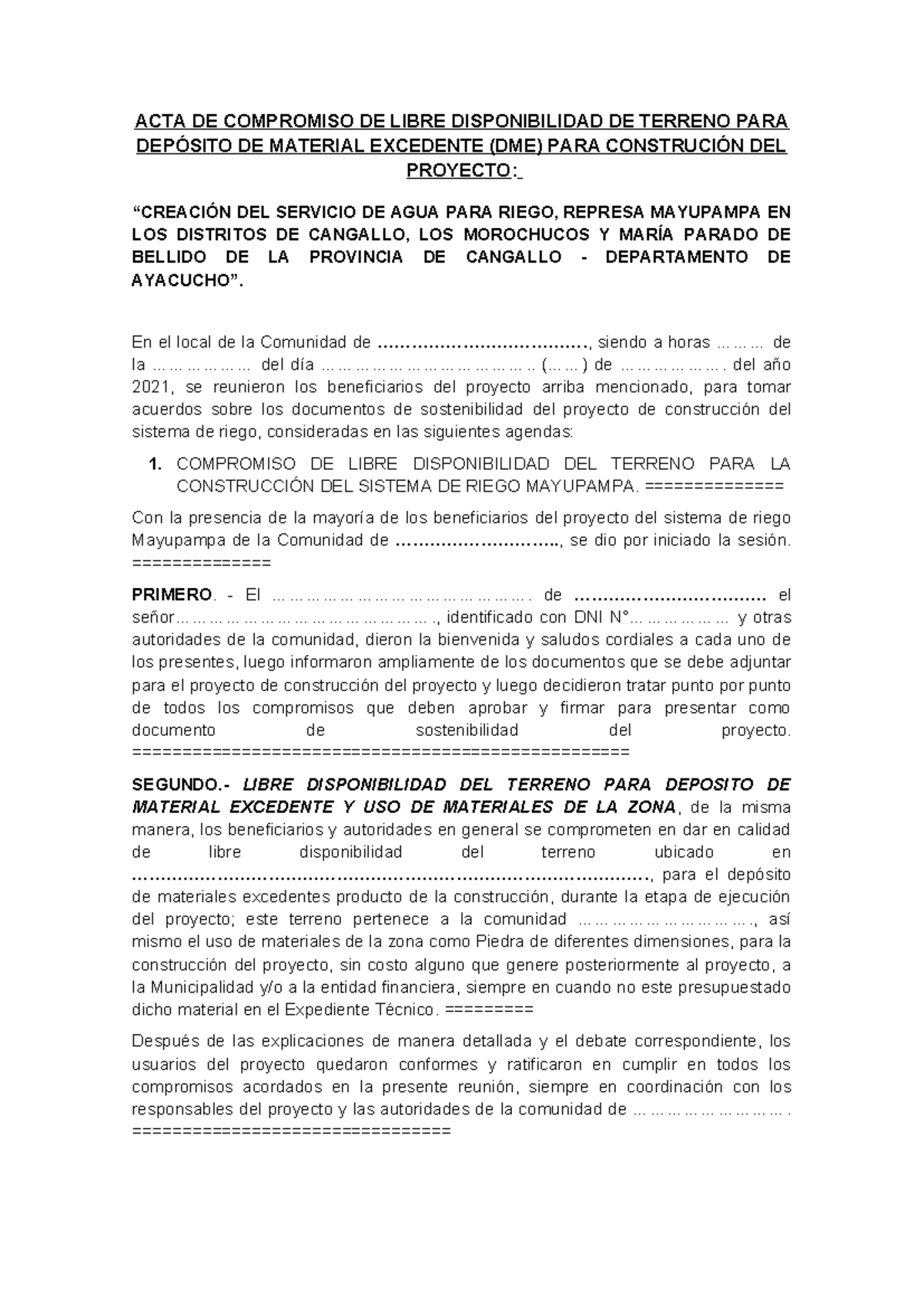 Acta de Compromiso para Terreno de Depósito DME - Proyecto de Riego ...
