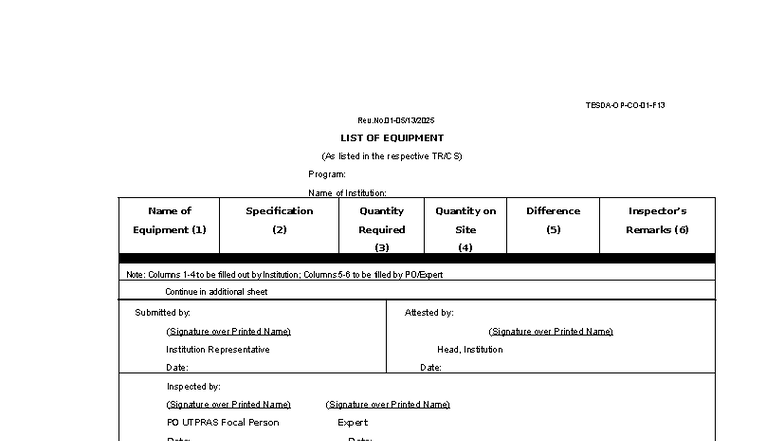 F13 LIST OF Equipment - form - TESDA-OP-CO-01-F Rev.No-05/13/ LIST OF ...