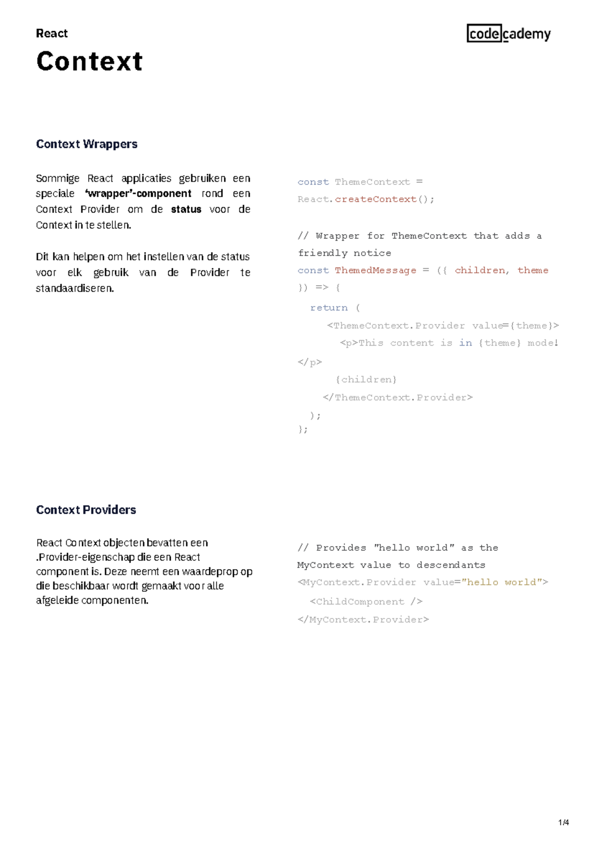 React Context - Samenvatting en Wrappers voor Providers - Studeersnel