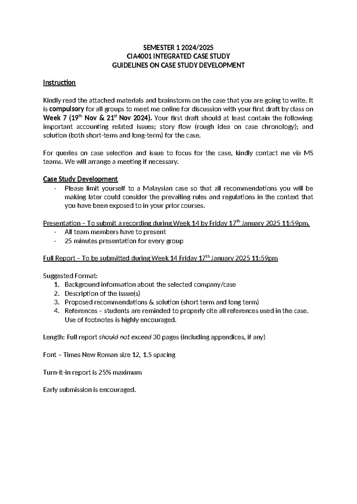 CIA4001 Integrated Case Study Development Guidelines for Semester 1 ...