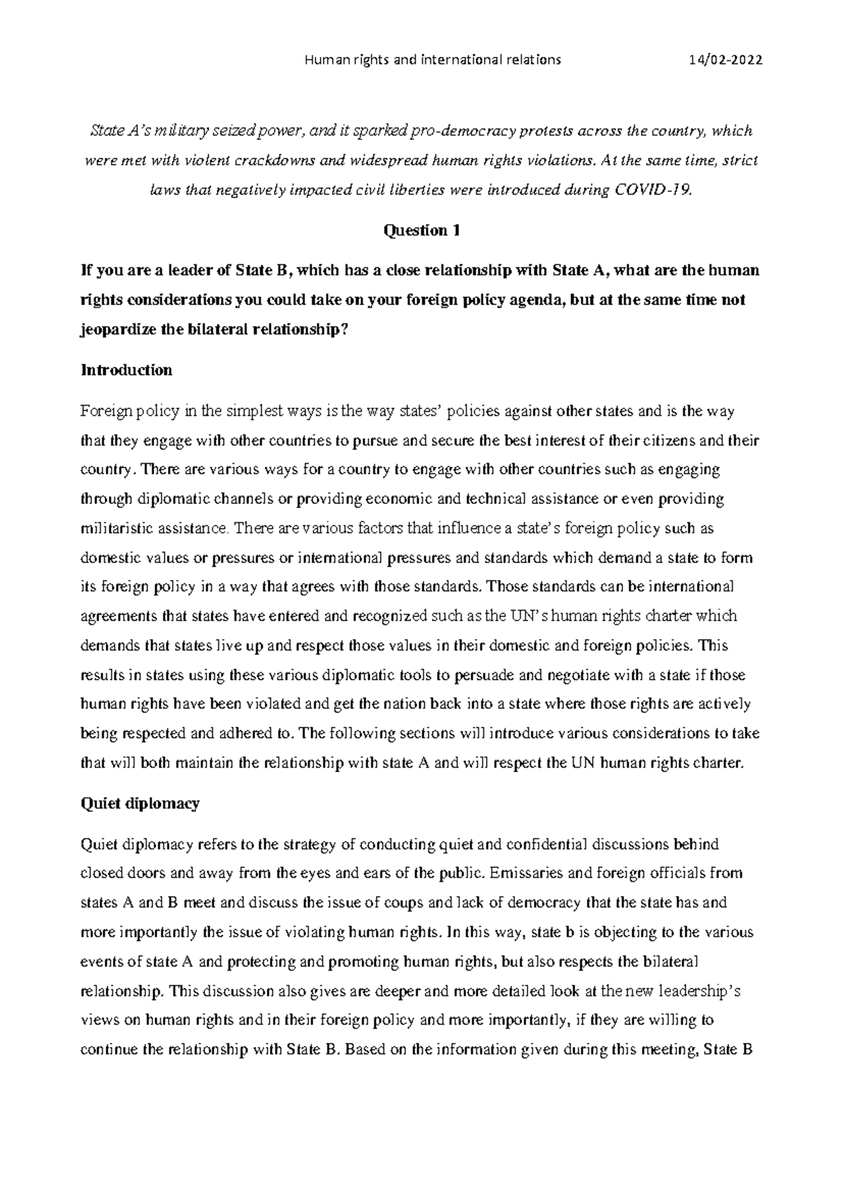 Human Rights AND International Relations Final EXAM - State A’s ...