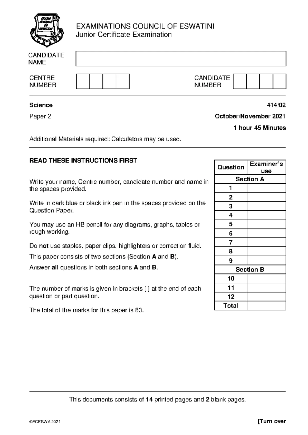 F3 Science 2 - Junior Certificate Exam Paper 2 (Oct/Nov 2020) - Studocu